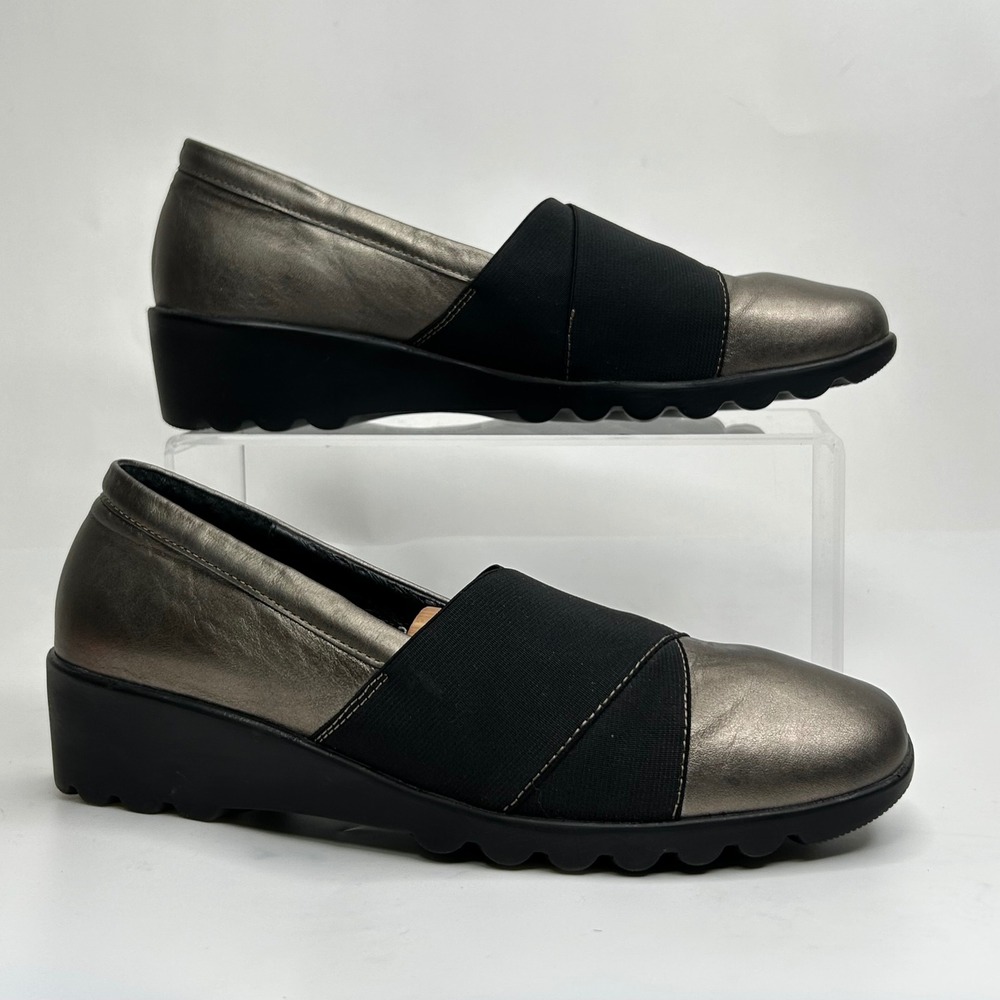 Josef Seibel Womens 38‎ Metallic Pewter Leather Elastic Wedge Slip On Shoes 7.5